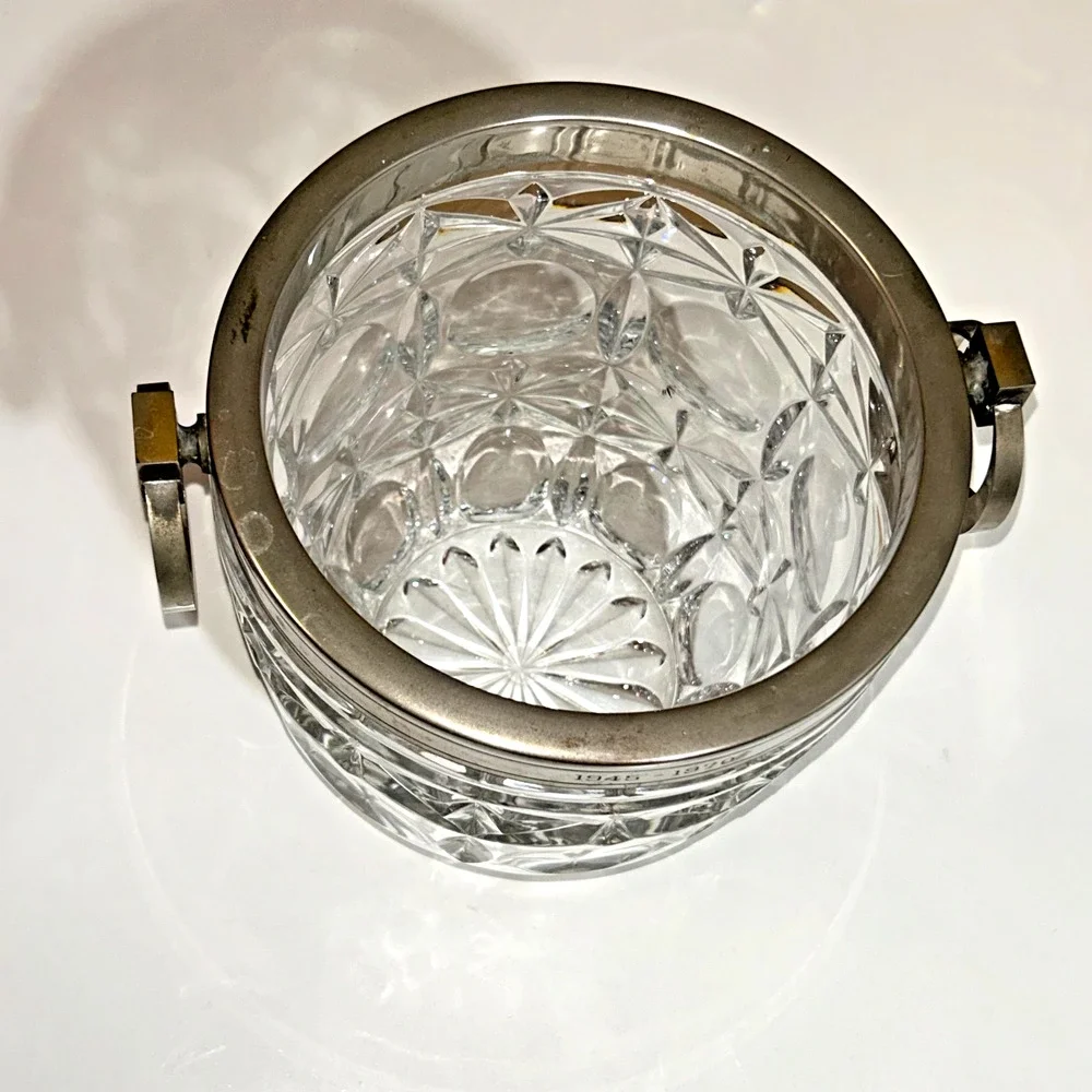 French Silver Plated Cut Glass Champagne Ice Bucket Hoop Handles Vintage EL